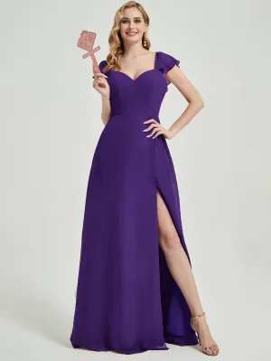 Royal Purple Ruffle Cap Sleeves Floor Length Bridesmaid Dress With Slit