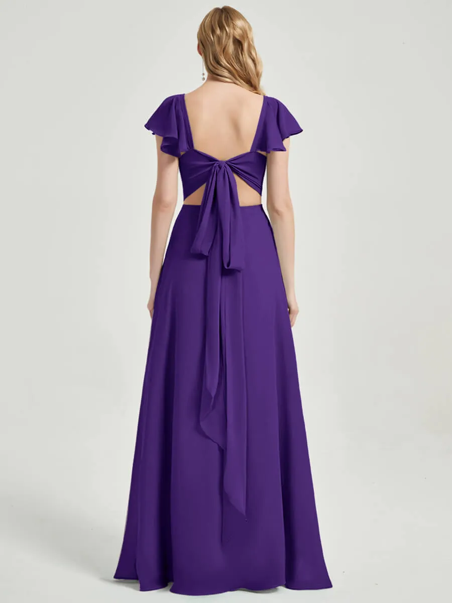 Royal Purple Ruffle Cap Sleeves Floor Length Bridesmaid Dress With Slit