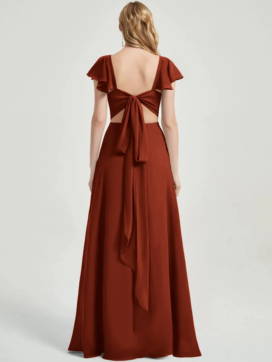Rusty Red Ruffle Cap Sleeves Floor Length Bridesmaid Dress With Slit