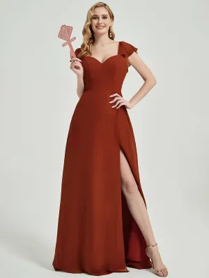 Rusty Red Ruffle Cap Sleeves Floor Length Bridesmaid Dress With Slit