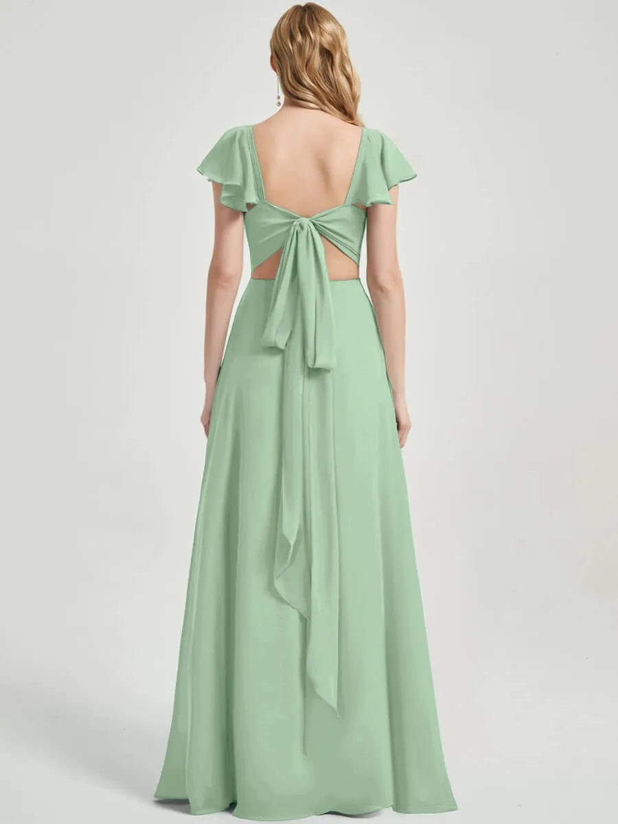 Sage Green Ruffle Cap Sleeves Floor Length Bridesmaid Dress With Slit