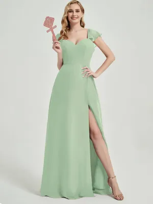 Sage Green Ruffle Cap Sleeves Floor Length Bridesmaid Dress With Slit