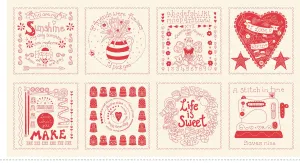 Say it with a Stitch by Henry Glass Fabrics 8 BLOCK PANEL/CRM, RED