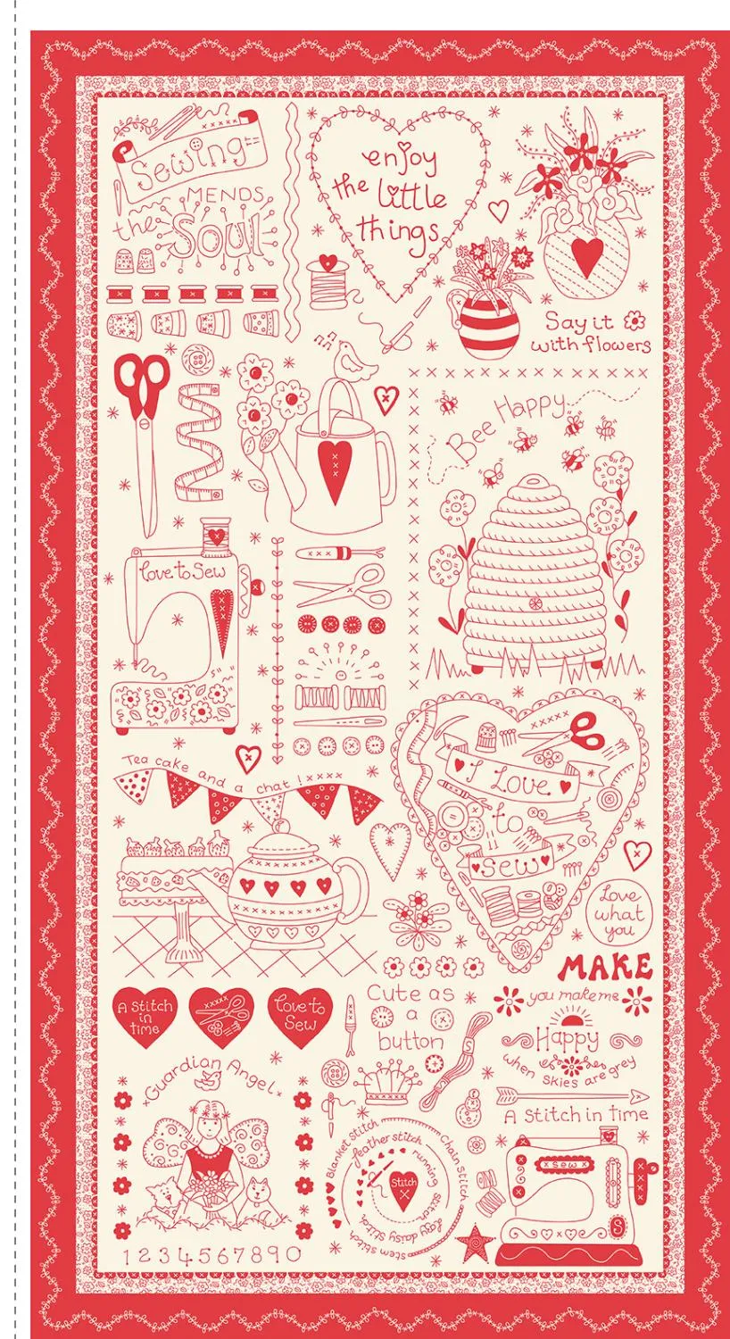 Say it with a Stitch by Henry Glass Fabrics SEWING PANEL/CRM, RED