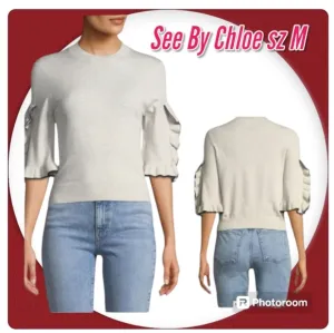 SEE BY CHLOE Ruffle-Sleeve Cropped Ribbed Crewneck Slim Sweater sz M