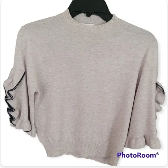 SEE BY CHLOE Ruffle-Sleeve Cropped Ribbed Crewneck Slim Sweater sz M