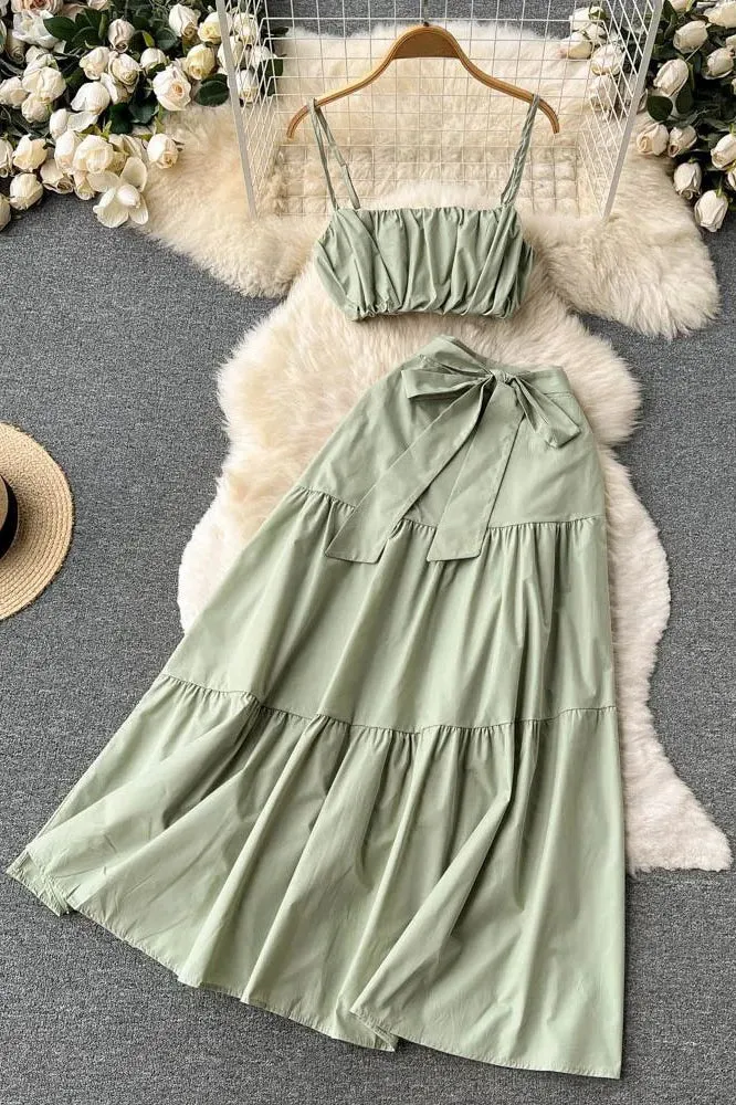 Set Camis Tops   High Waist Lace-up Long Skirts Beach Two Piece Suits