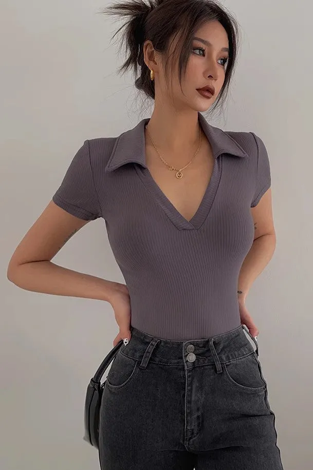 Short Sleeve Wrap V Neck Ribbed Tank Tops