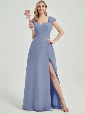Slate Blue Ruffle Cap Sleeves Floor Length Bridesmaid Dress With Slit