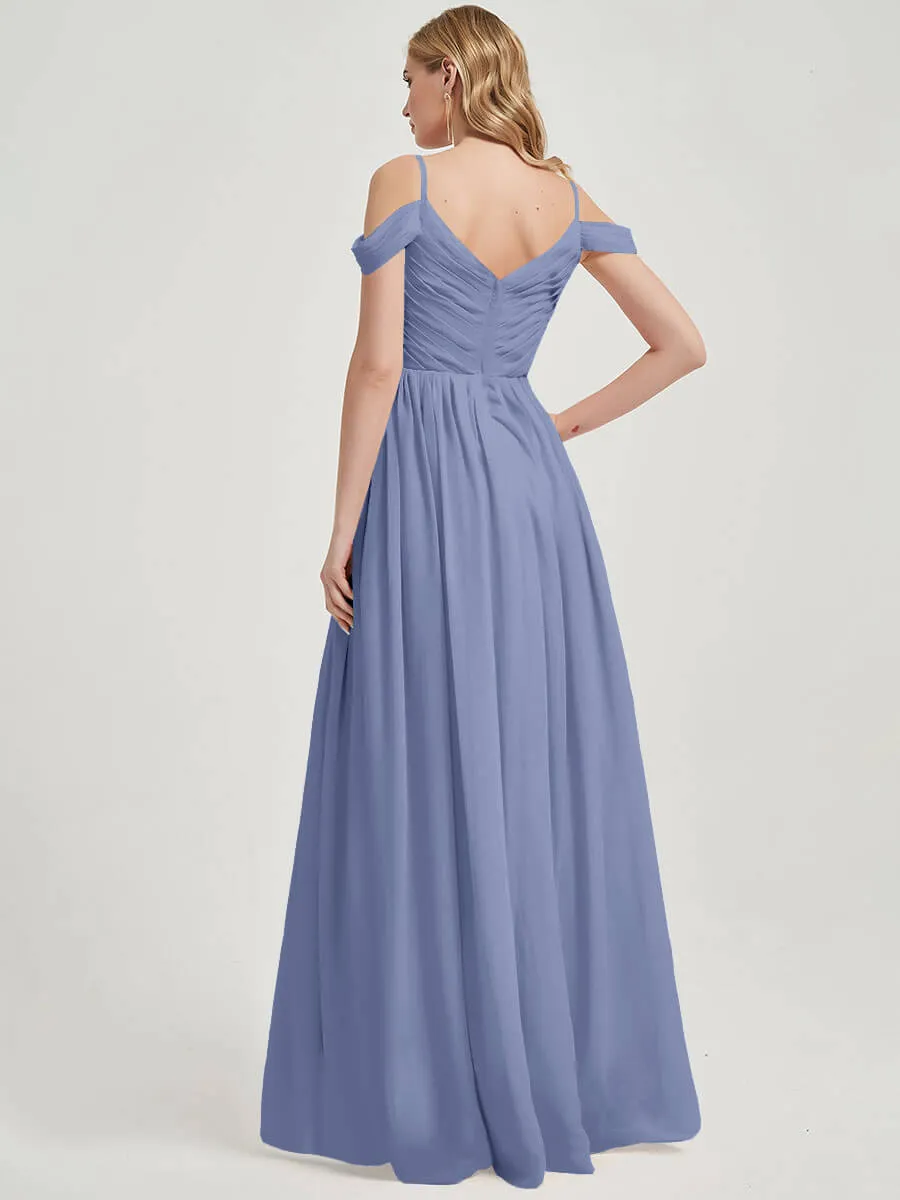 Slate Blue Spaghetti Straps Pleated Chiffon Maxi Bridesmaid Dress