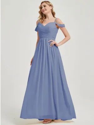Slate Blue Spaghetti Straps Pleated Chiffon Maxi Bridesmaid Dress