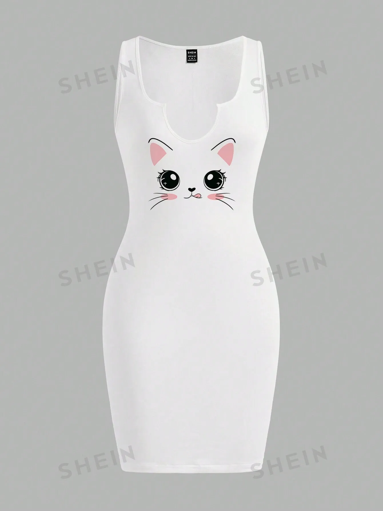 Slayr Casual, Simple, Cute, Pink Cat Patterned Women's Sleeveless Bodycon Dress With Wide Straps, Suitable For Summer