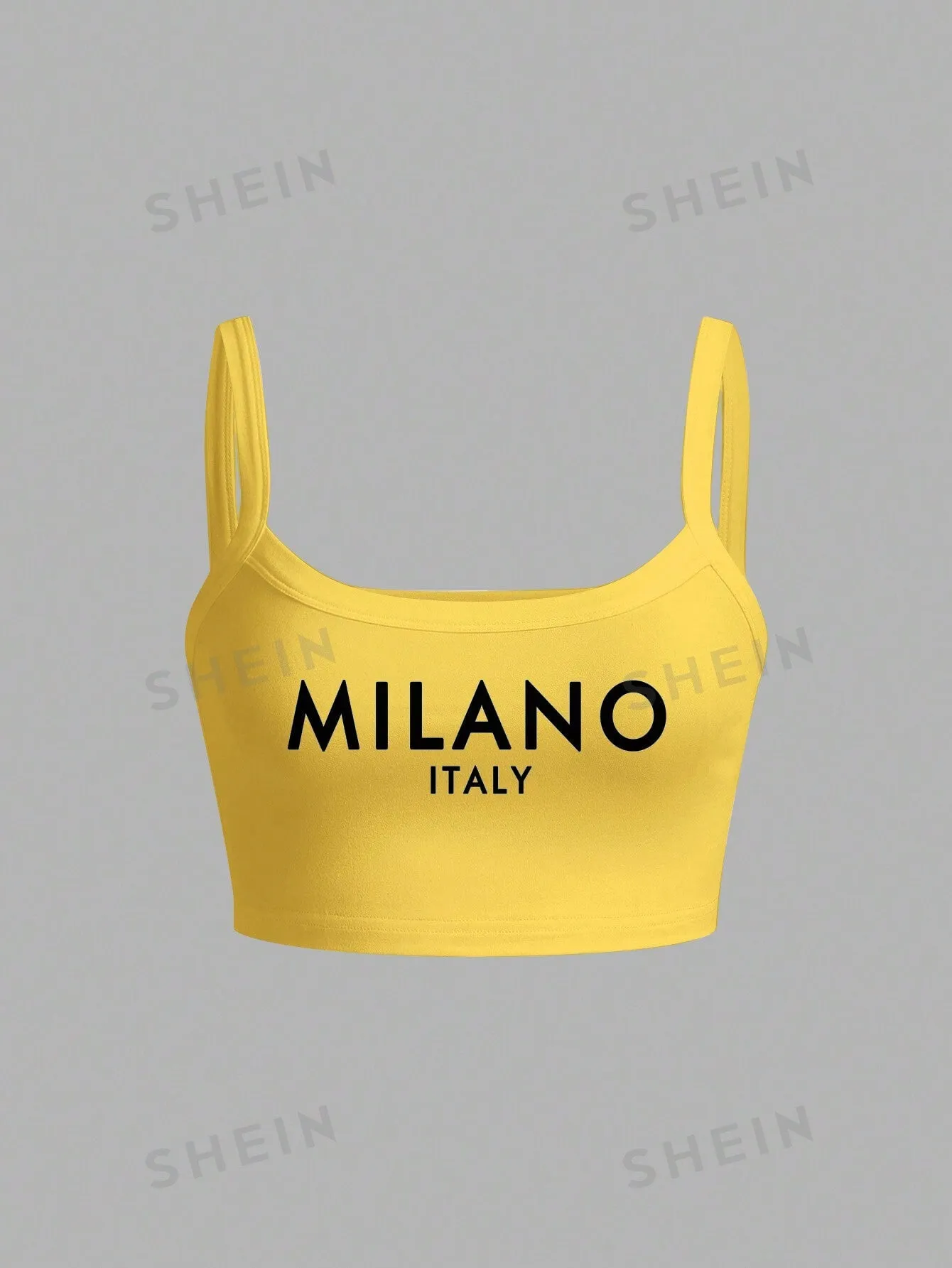 Slayr MILANO Casual Slogan Graphic Yellow Camisole Top, Crop Fitted Top