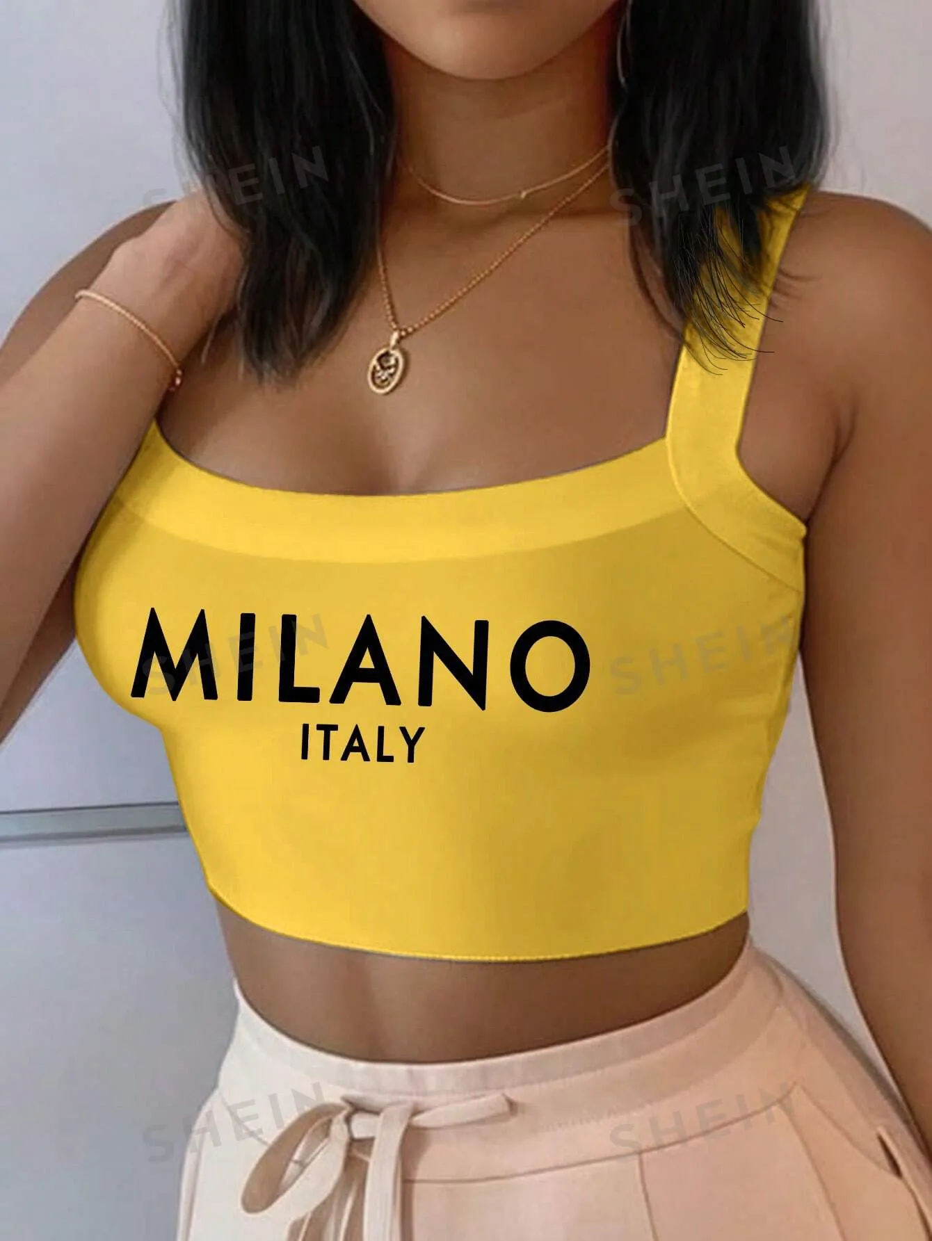Slayr MILANO Casual Slogan Graphic Yellow Camisole Top, Crop Fitted Top