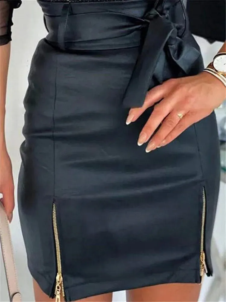 Slim High Waist Split Office PU Leather Pencil Bodycon Mini Skirt