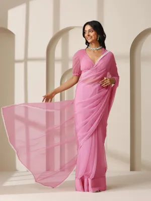 Smoky Pink Chiffon Saree with Lace and Self Fabric Blouse