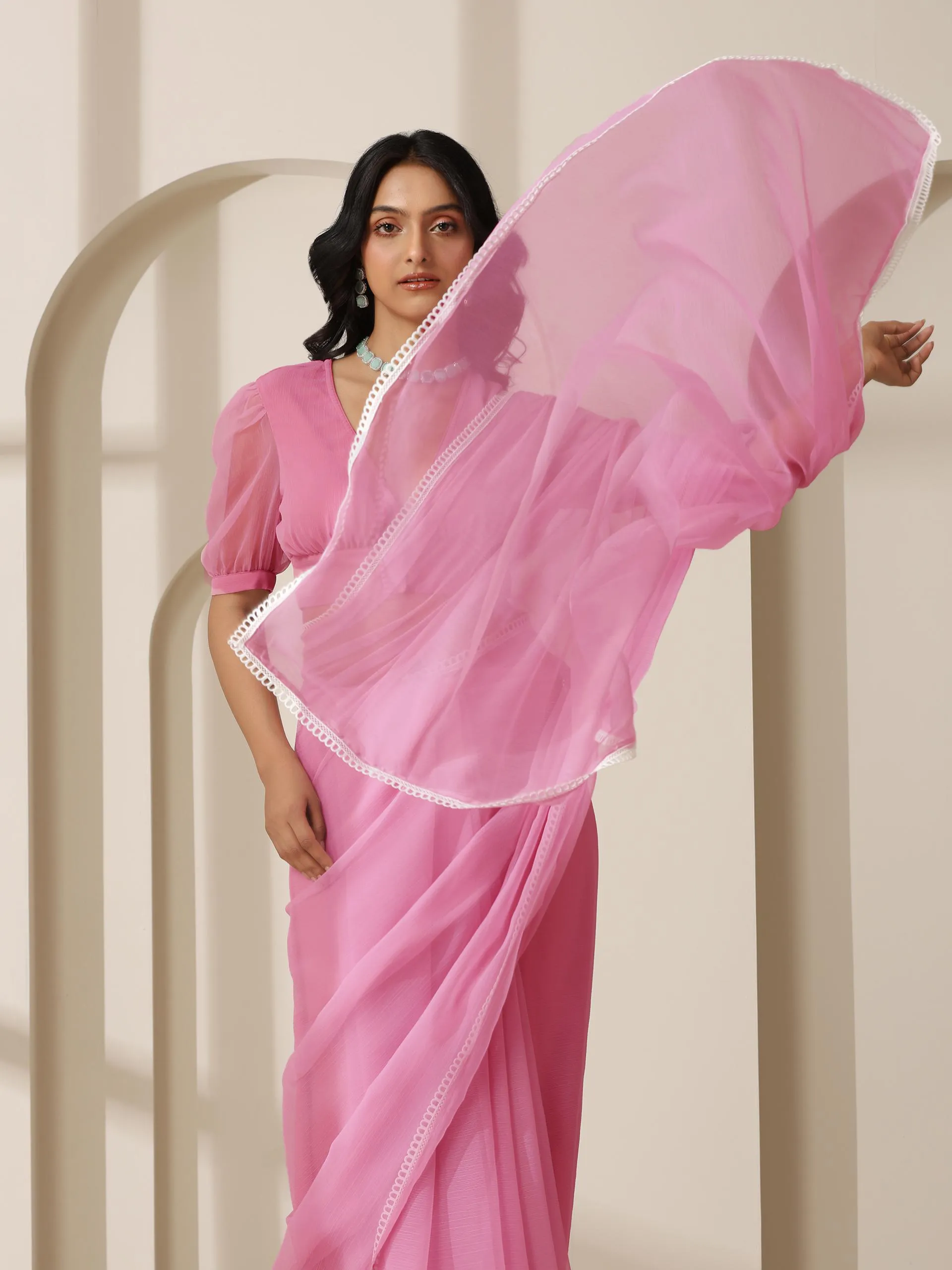 Smoky Pink Chiffon Saree with Lace and Self Fabric Blouse