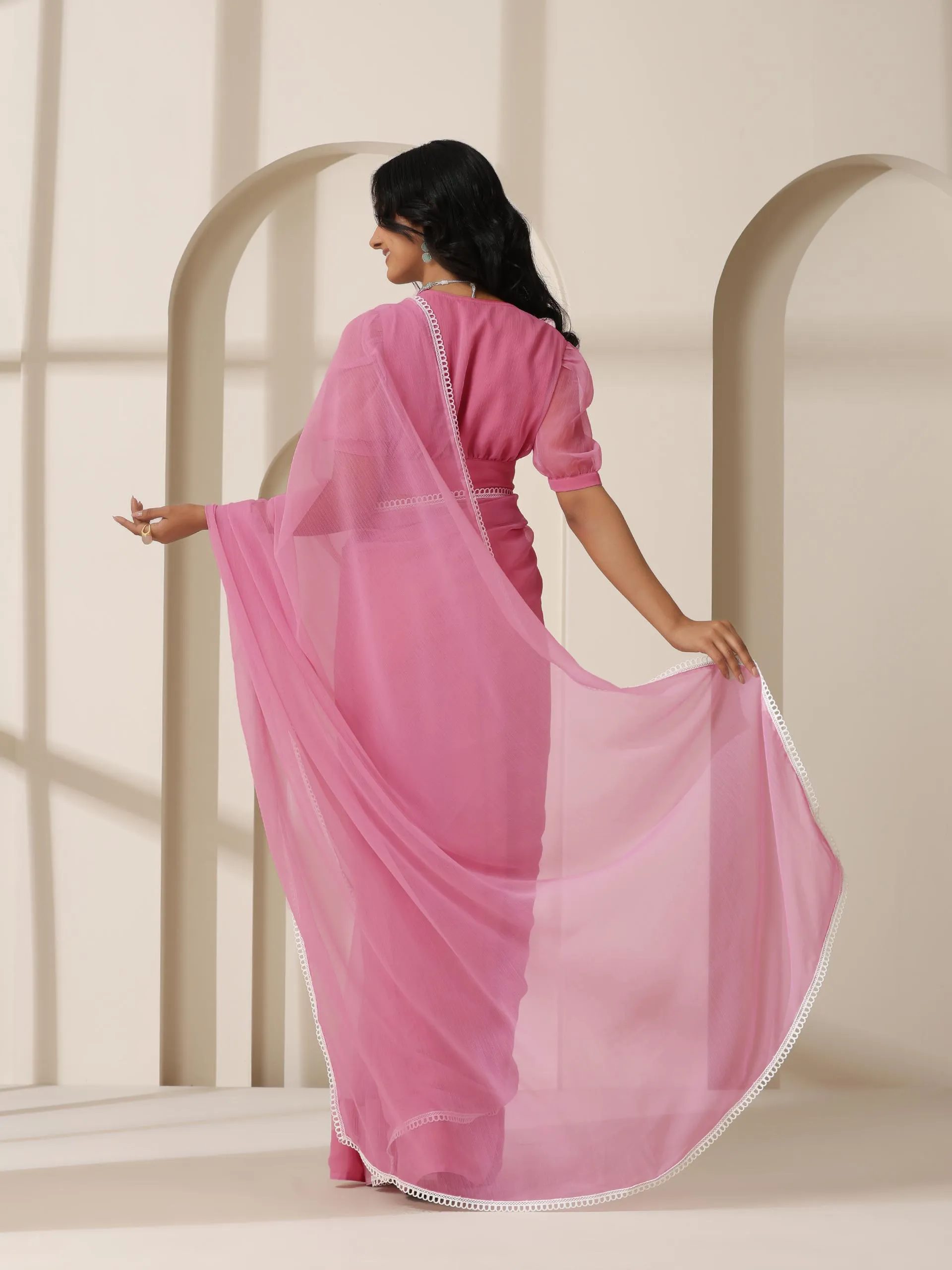 Smoky Pink Chiffon Saree with Lace and Self Fabric Blouse