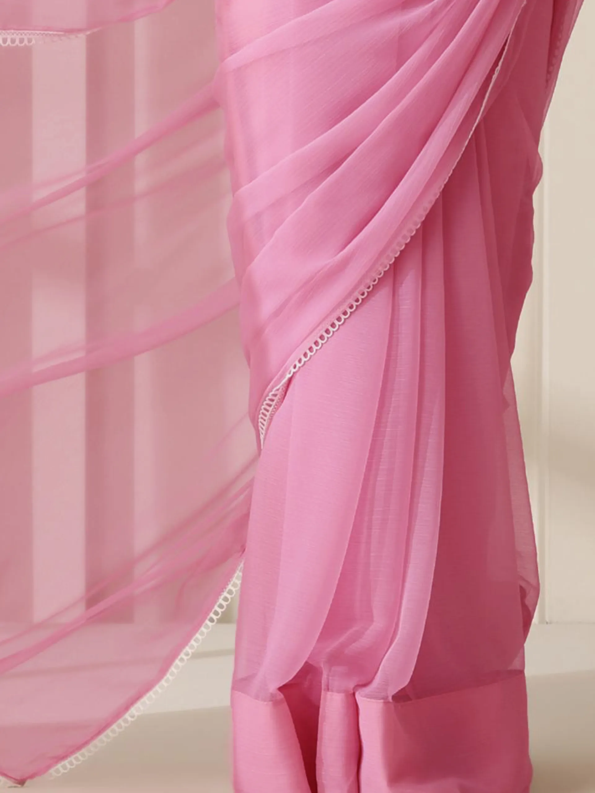 Smoky Pink Chiffon Saree with Lace and Self Fabric Blouse