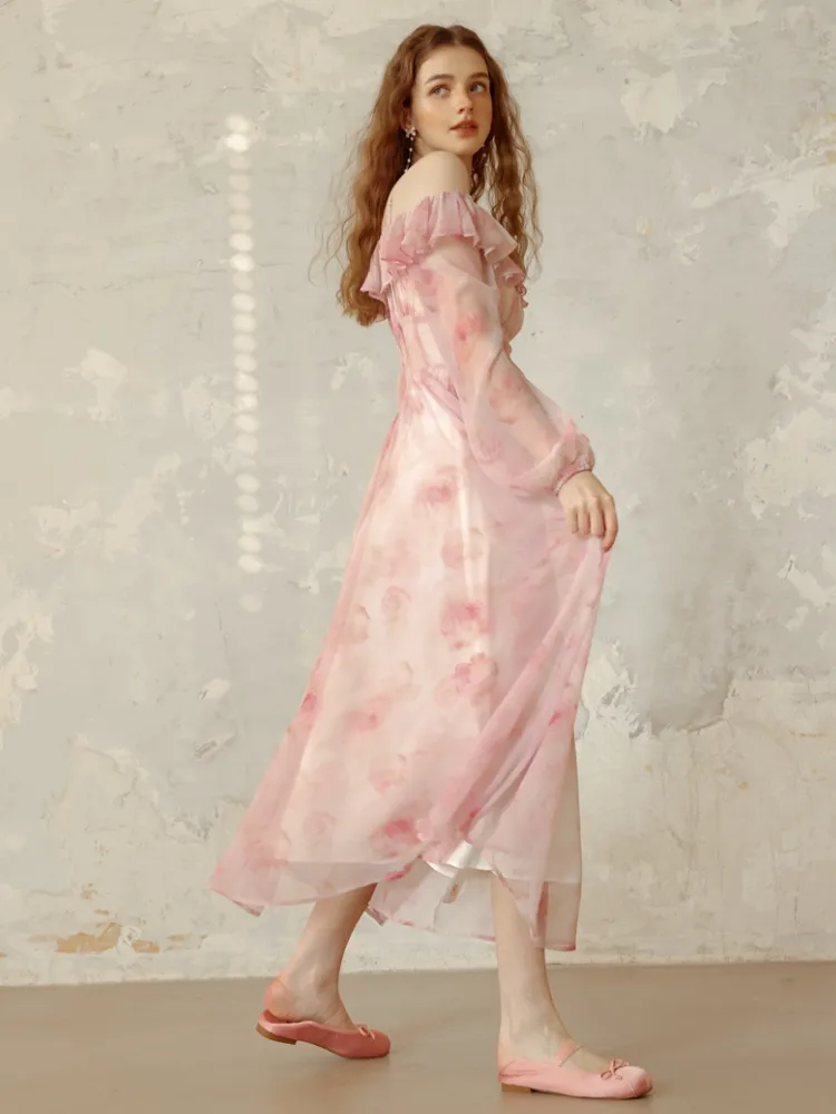 Snow Rose Off-Shoulder Floral Dress