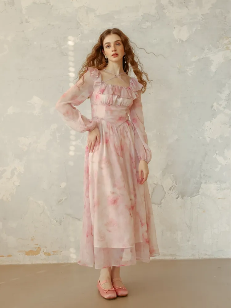 Snow Rose Off-Shoulder Floral Dress