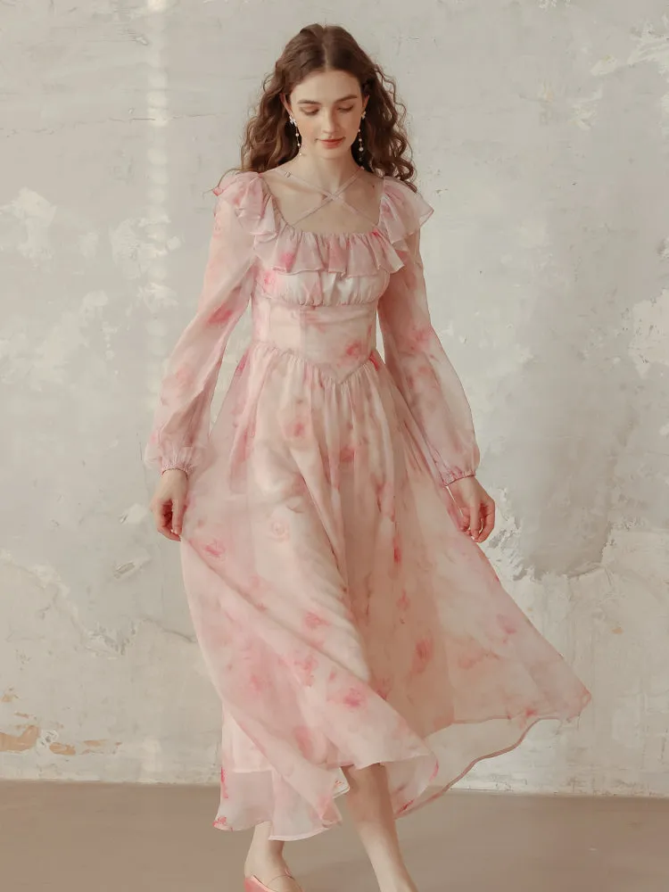 Snow Rose Off-Shoulder Floral Dress