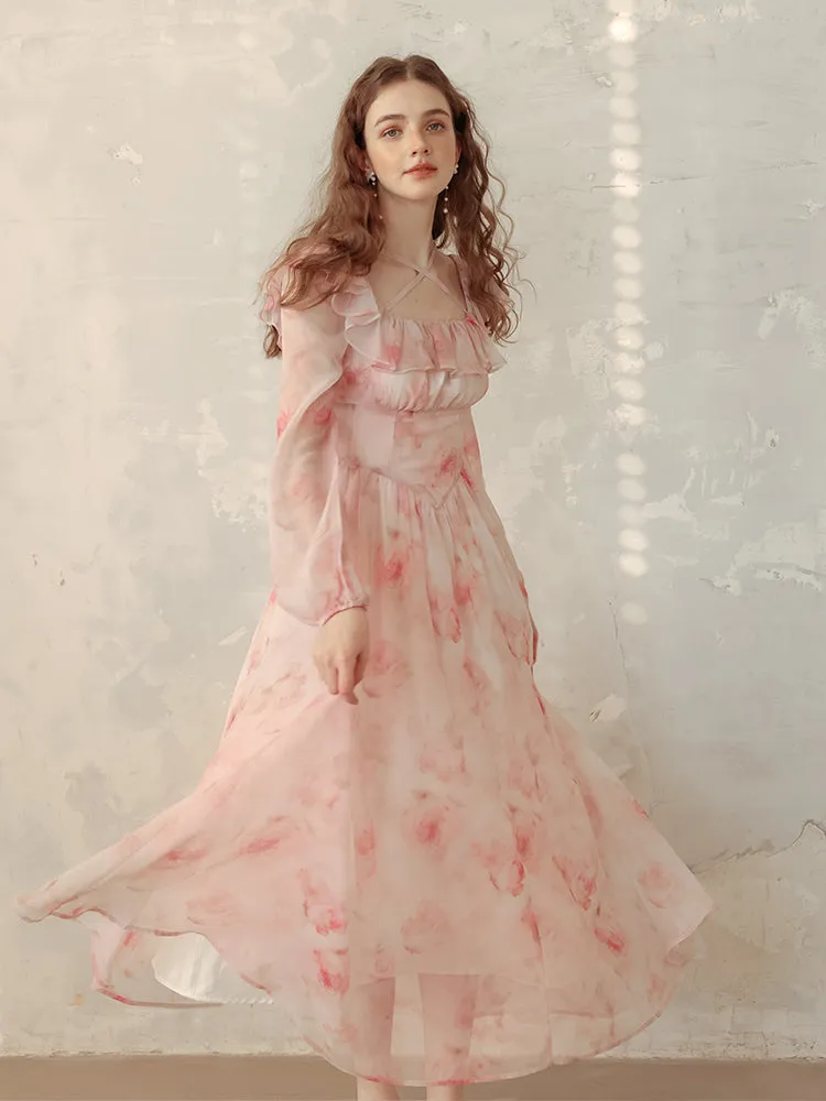 Snow Rose Off-Shoulder Floral Dress