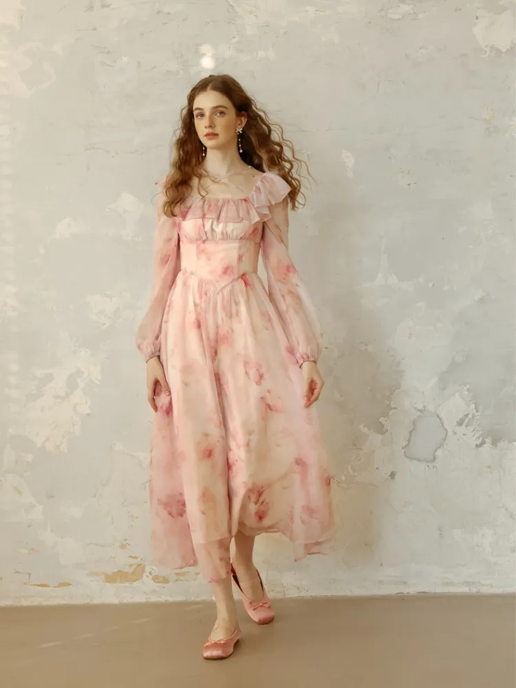 Snow Rose Off-Shoulder Floral Dress