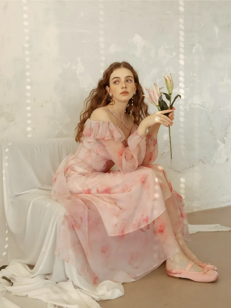 Snow Rose Off-Shoulder Floral Dress