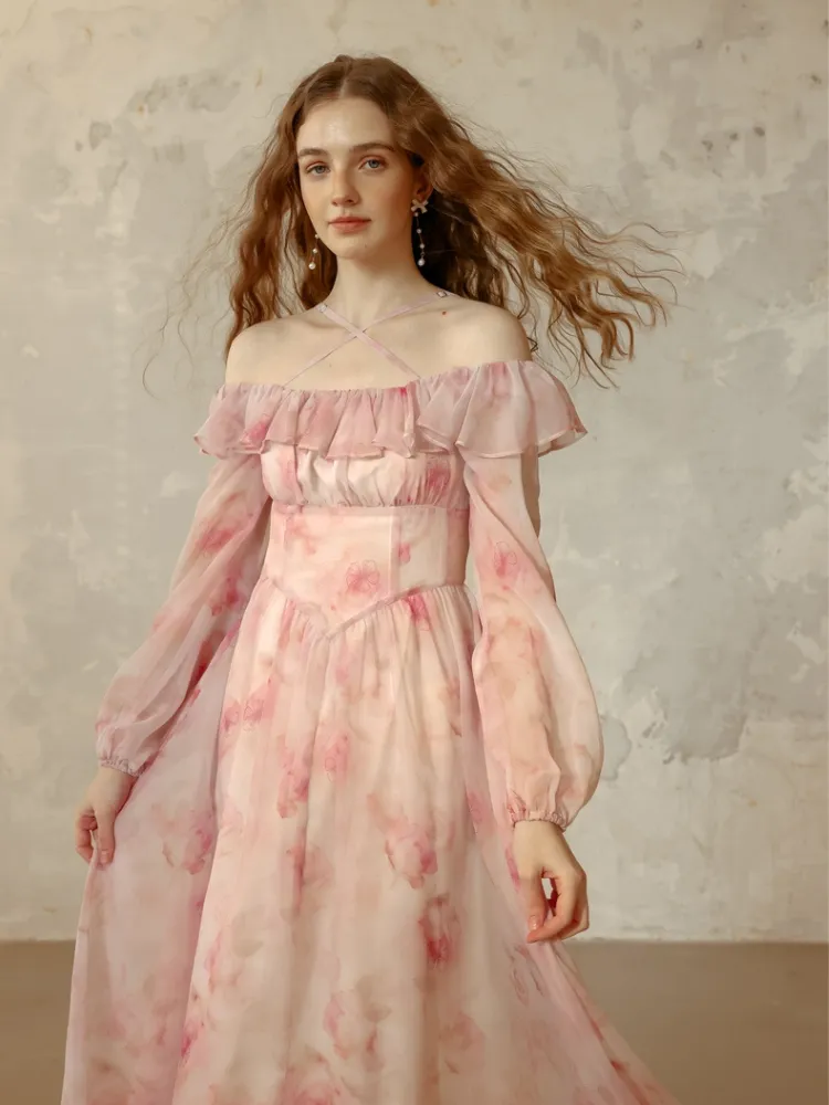 Snow Rose Off-Shoulder Floral Dress