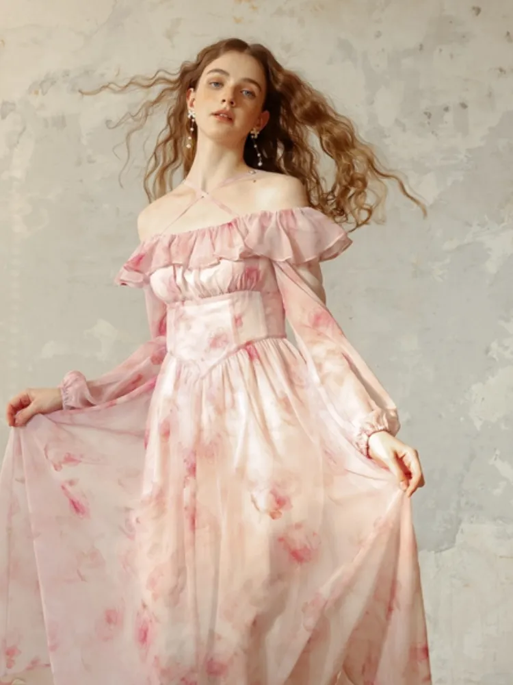 Snow Rose Off-Shoulder Floral Dress