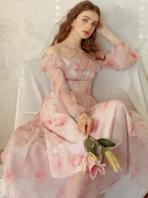 Snow Rose Off-Shoulder Floral Dress