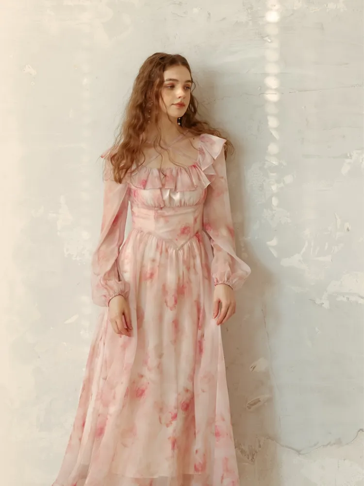Snow Rose Off-Shoulder Floral Dress