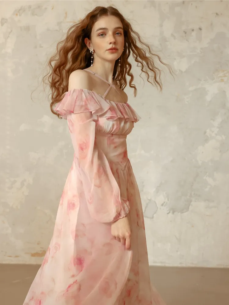 Snow Rose Off-Shoulder Floral Dress