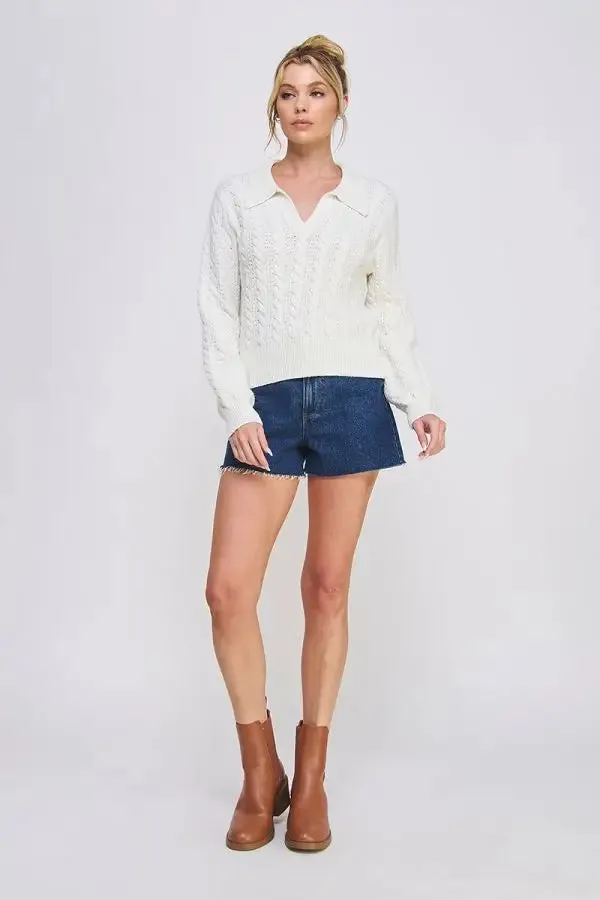 SOFT CABLE KNIT JOHNNY COLLAR PULLOVER SWEATER