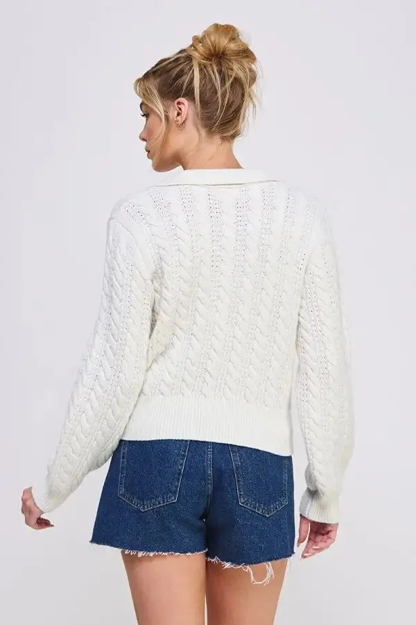 SOFT CABLE KNIT JOHNNY COLLAR PULLOVER SWEATER