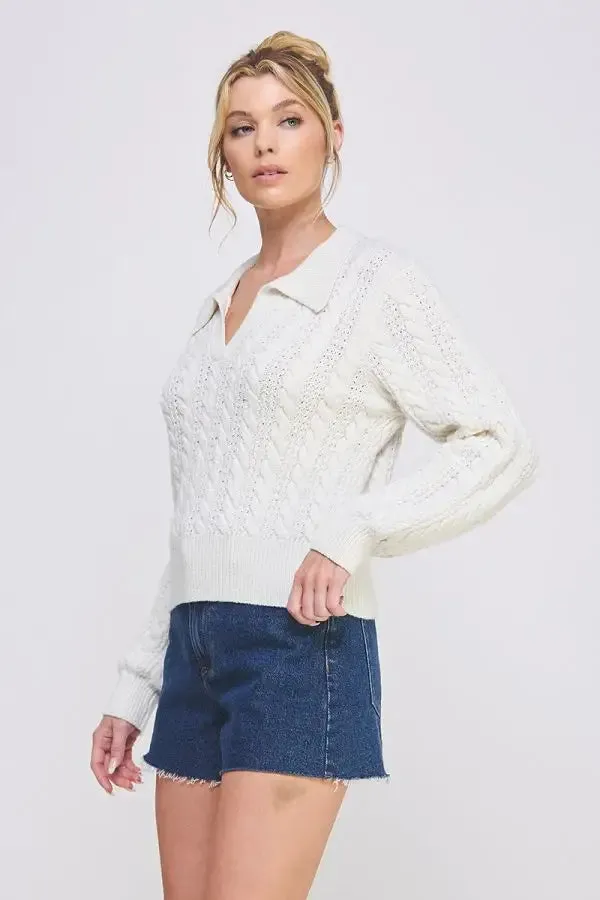 SOFT CABLE KNIT JOHNNY COLLAR PULLOVER SWEATER