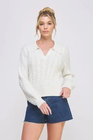 SOFT CABLE KNIT JOHNNY COLLAR PULLOVER SWEATER