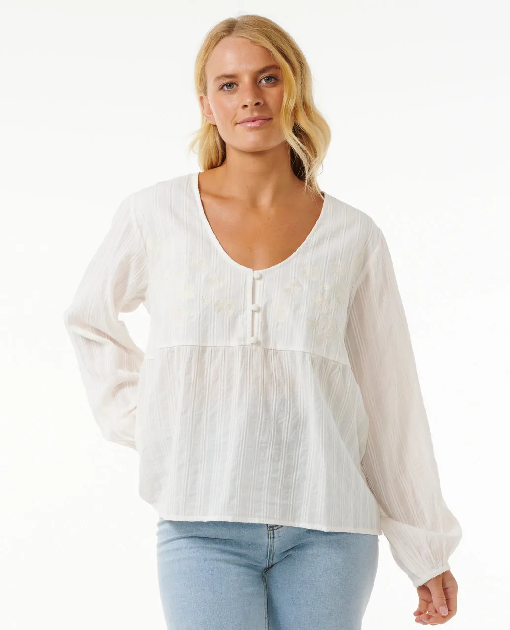 SOLEIL EMBROIDERED L/S TOP - Bone
