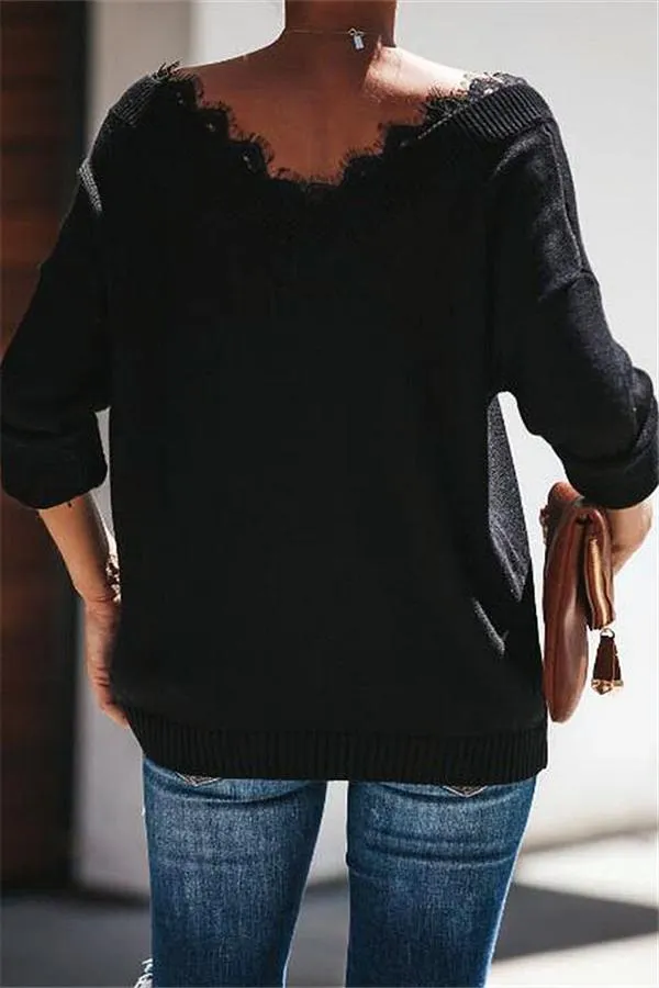 Solid Color Lace V Neck Simple Sweater