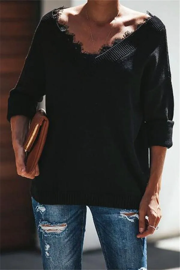 Solid Color Lace V Neck Simple Sweater