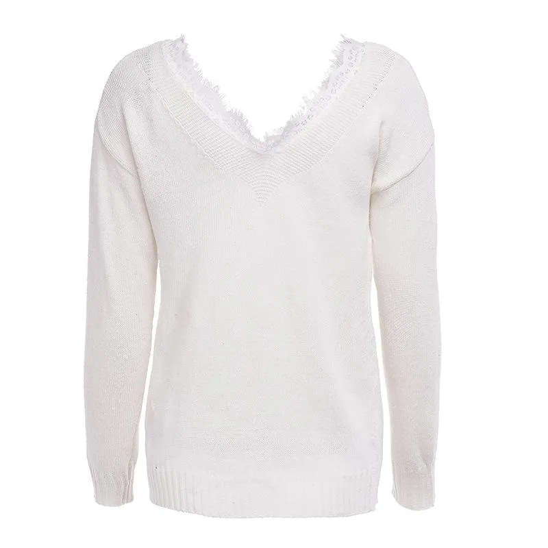 Solid Color Lace V Neck Simple Sweater