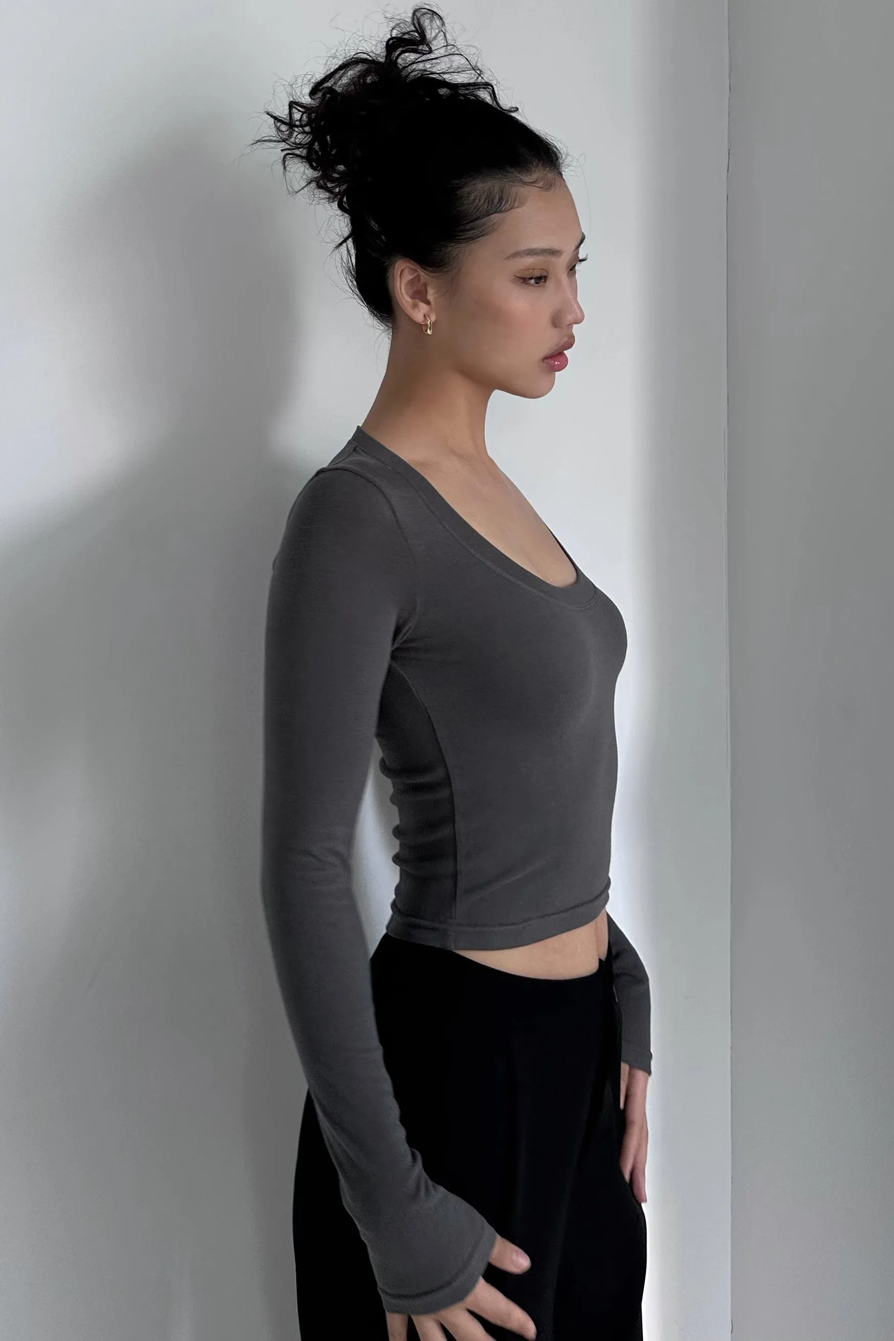 Solid Round Neck Cut Out Tops