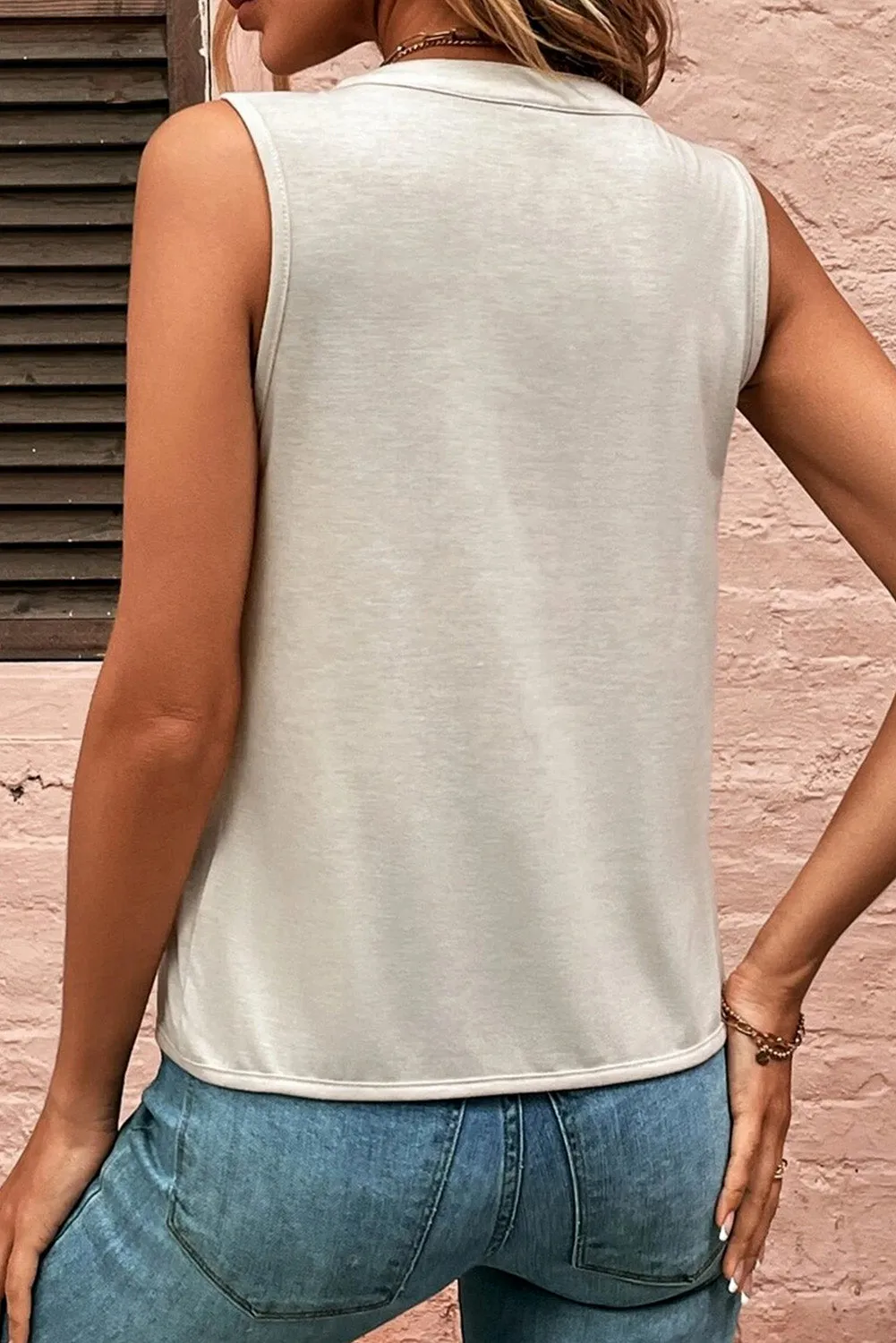 Solid V Neck Pleated Sleeveless Shirt