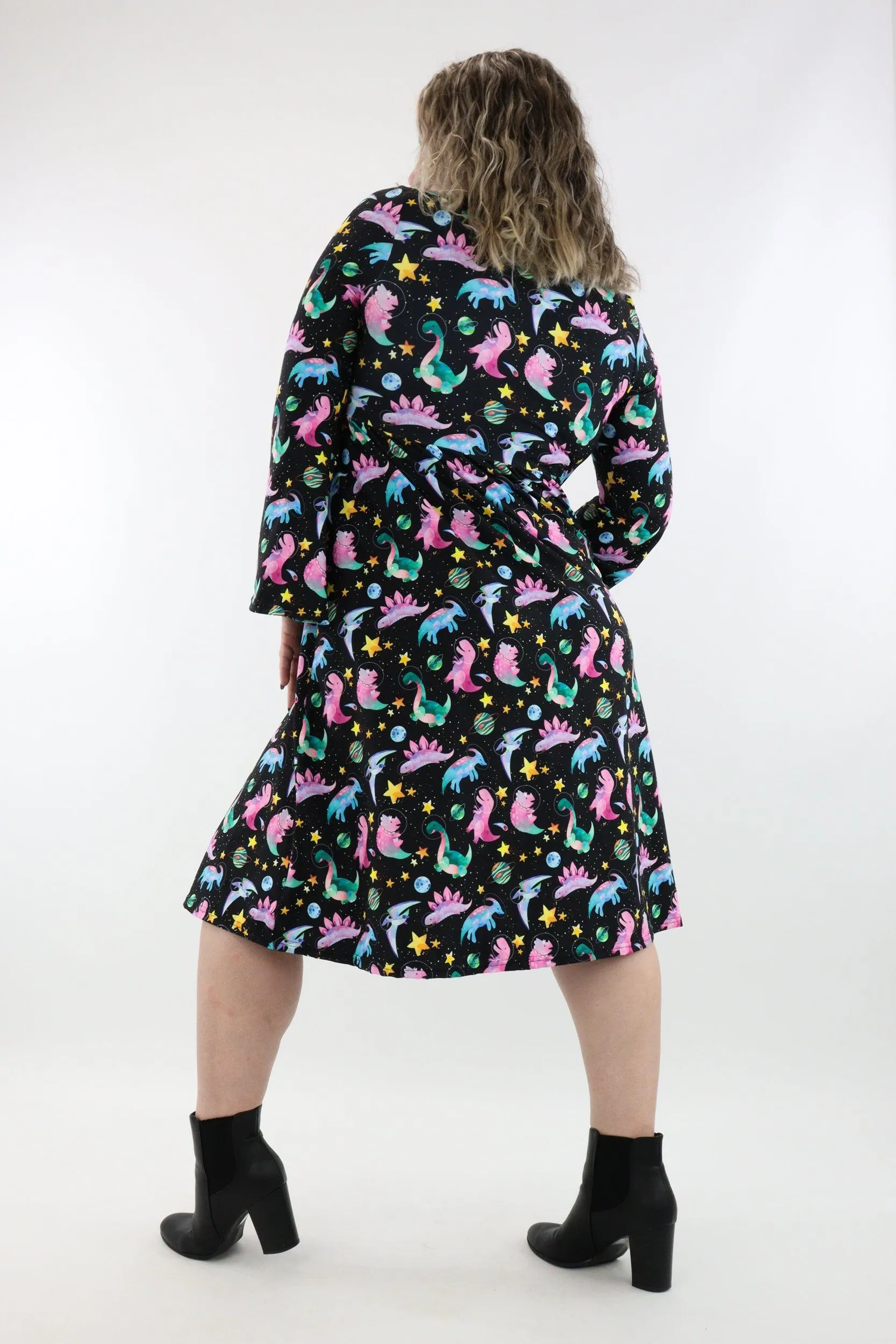 Space Dinosaurs - Midi Length Dress - Bell Sleeve - Pockets