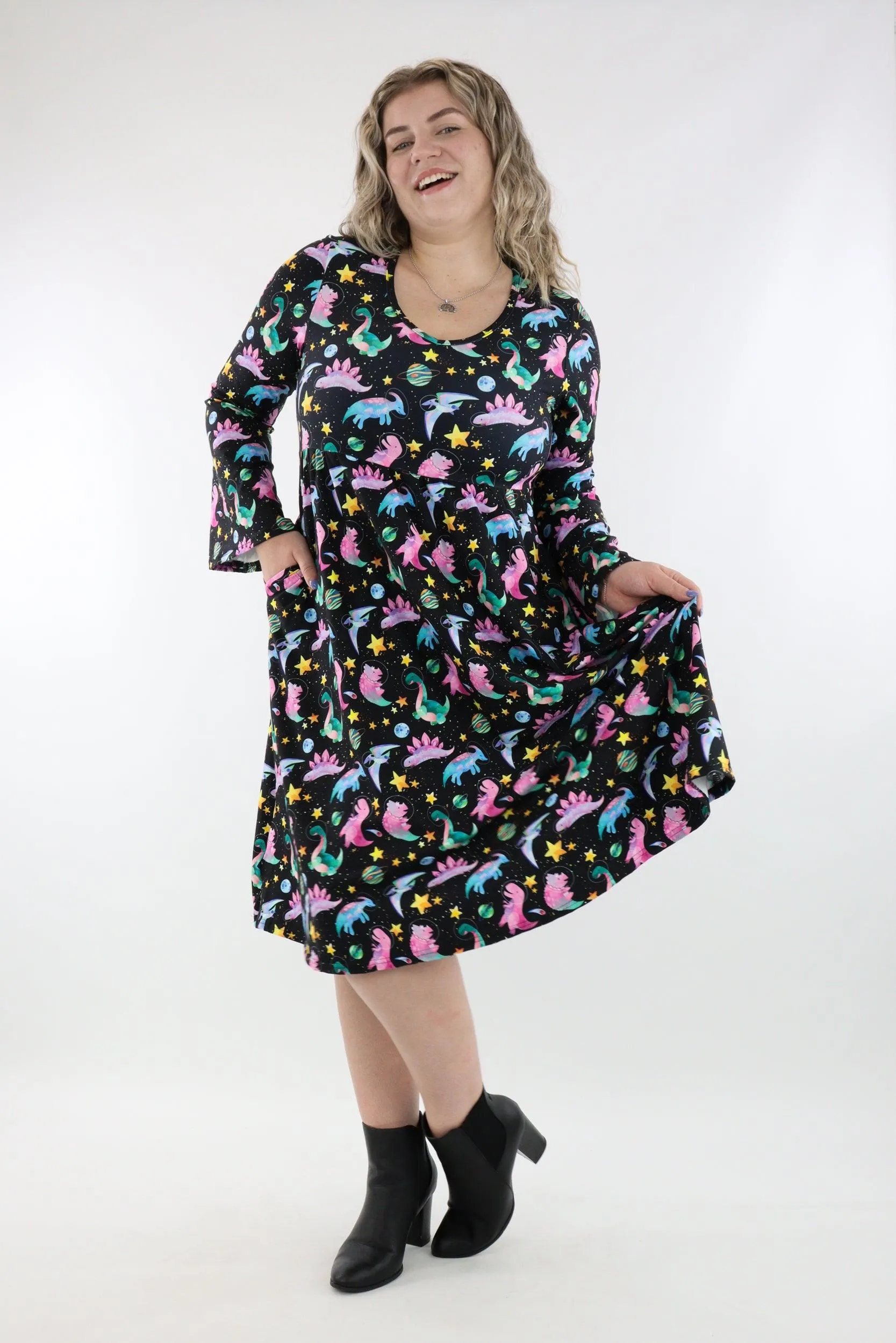 Space Dinosaurs - Midi Length Dress - Bell Sleeve - Pockets