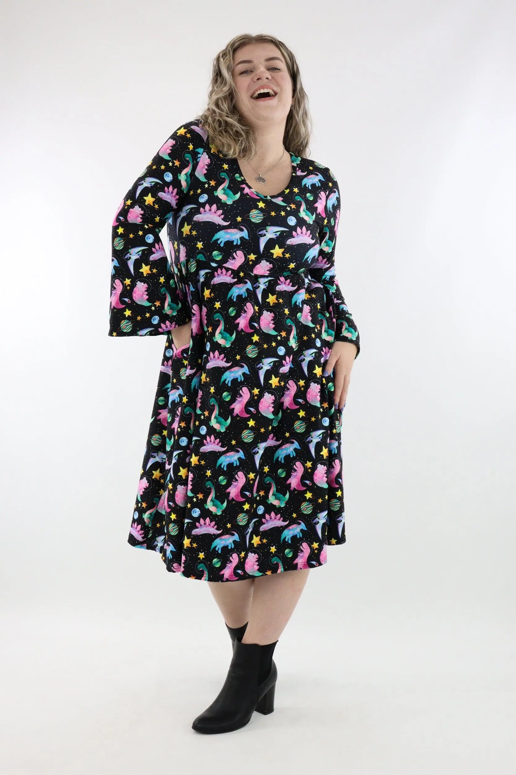 Space Dinosaurs - Midi Length Dress - Bell Sleeve - Pockets