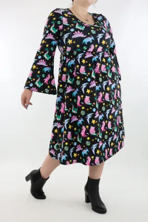 Space Dinosaurs - Midi Length Dress - Bell Sleeve - Pockets