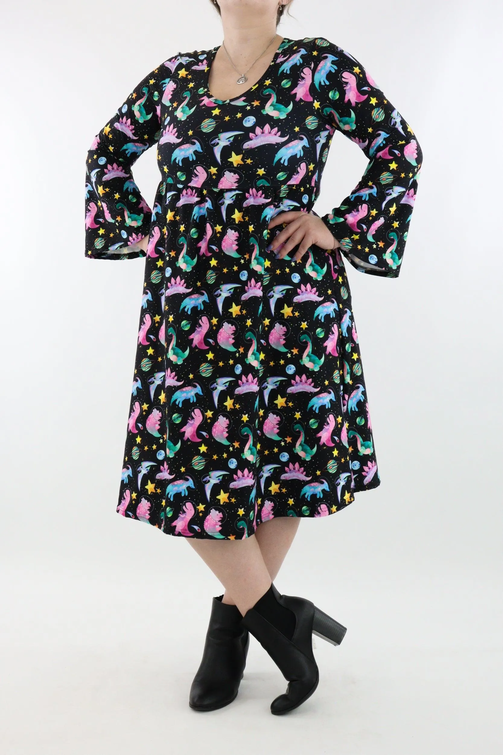 Space Dinosaurs - Midi Length Dress - Bell Sleeve - Pockets