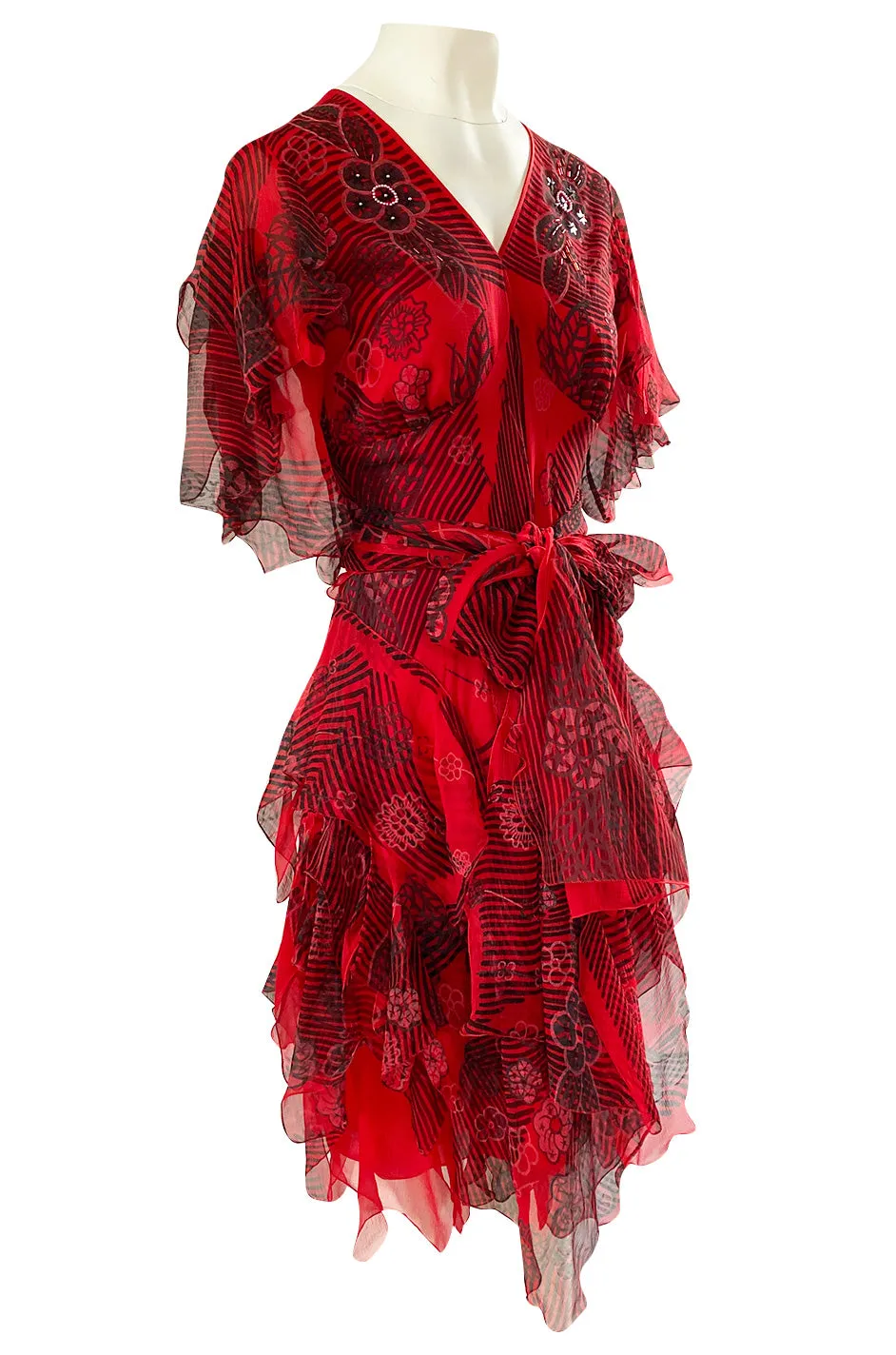 Spring 1988 Zandra Rhodes 'Fantastic Flower Garden' Red Silk Print Dress